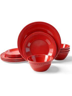 Vibrant Red Beaded Melamine Dinnerware Set, 12 Unbreakable BPA-Free Pieces for